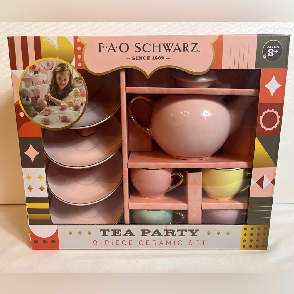 F.A.O Schwarz 9 Piece-3 Color Tea Party English Porcelain Set-Hand Painted Glaze